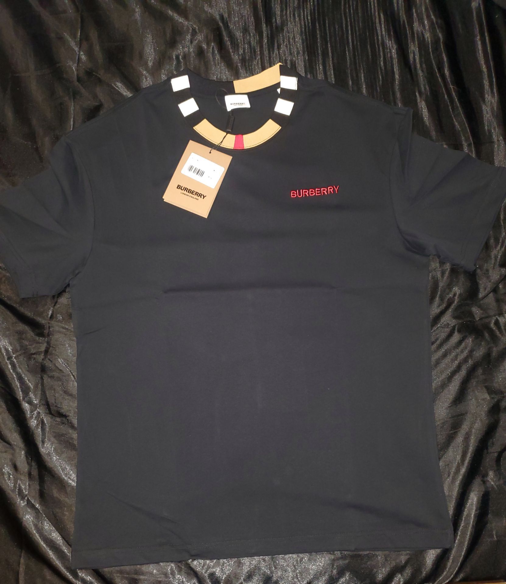 Burberry Icon Stripe Trim Cotton T-Shirt, Black, Size S, M, L & XL