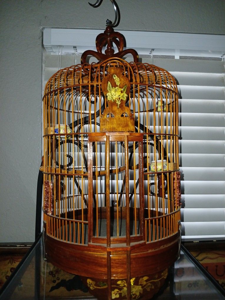 Teak Antique Bird Cage Bamboo Handpainted Porcelain Feeders