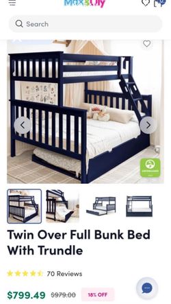 Blue color - Max & Lily Twin over Full bed frame with trundle