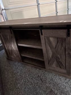 Rustic Grey Wood TV Stand with Sliding Barn Doors