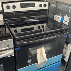 New Scratch And Dent Amana 4 Burner Glass Top Black And Stainless Steel Range. 1 Year Warranty 