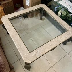 Coffee Table Glass Inlay, Marble Frame, And Decorative Rod Iron Base