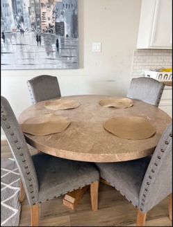 Round Marble Top Dining Table with 4 Studded Chairs