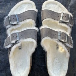 Birkenstock Arizona Big Buckle Shearling Oiled Grey Leather Sandals US10 EU43 