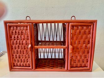 Shelf red rattan wicker 17” tall x 23” x 7” vtg