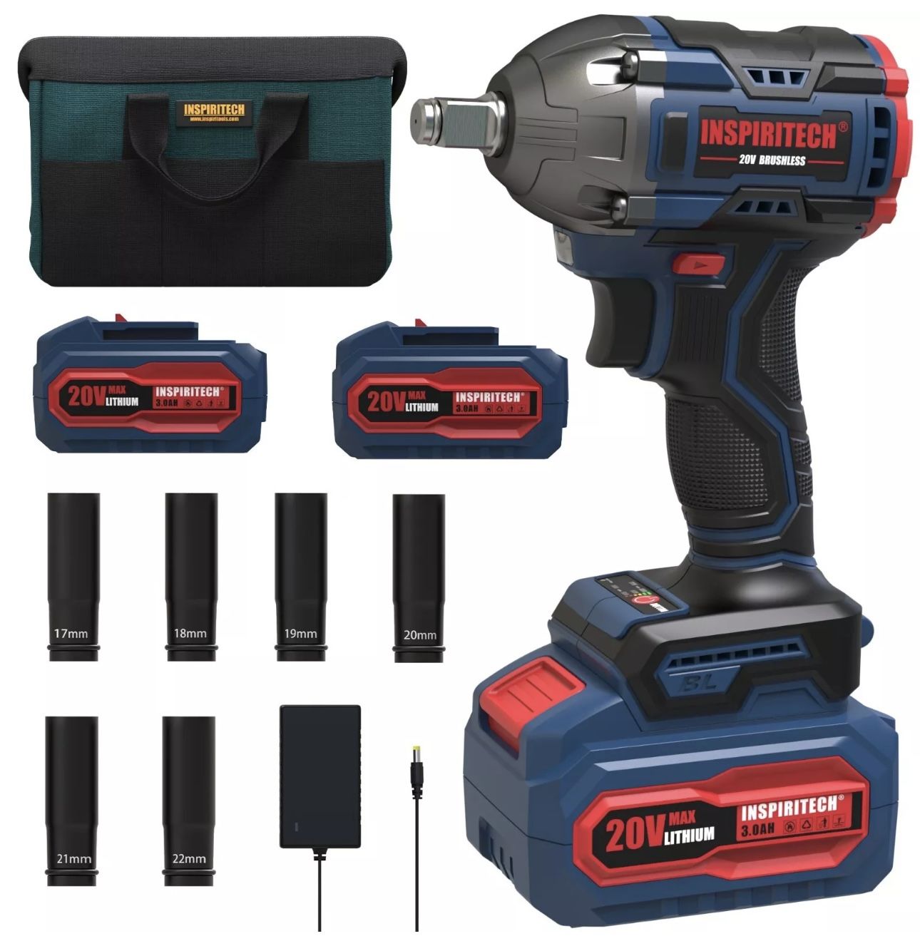 INSPIRITECH 20V 1/2 inch Cordless Impact Wrench with 2 Batteries