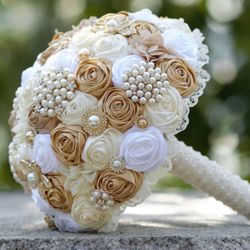 Satin Roses With Pearls Brooch Bouquet Bridal 
