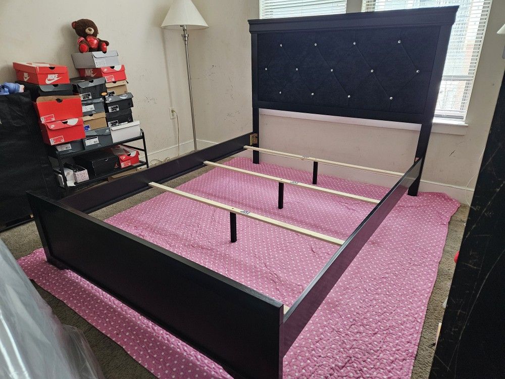 Brand New Box Queen Size Black Color Bed Frame With Rhinestone Special
