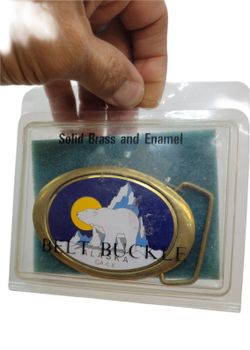 Vintage Collectible Alaska ACE Polar Bear Solid Brass & Enamel Belt Buckle
