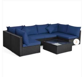 7-Piece Wicker Outdoor Sectional Set with Cushion Navy