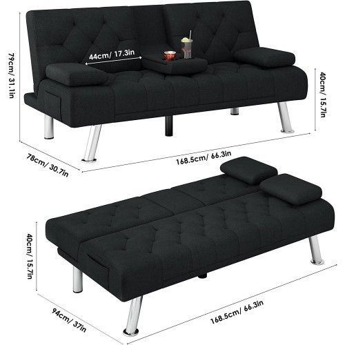 BLACK FAUX LEATHER FUTON SOFA BED