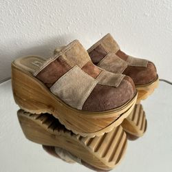 SODA Vintage Y2K Brown Suede Leather Patchwork Chunky Platform Wooden Clog Shoes