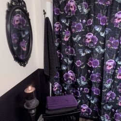 Gothic Shower Curtain With Bats, Spider Web And Purple Roses