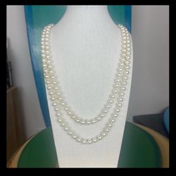 Vintage 60” Faux Pearl Necklace • Filigree Fish-Hook Clasp