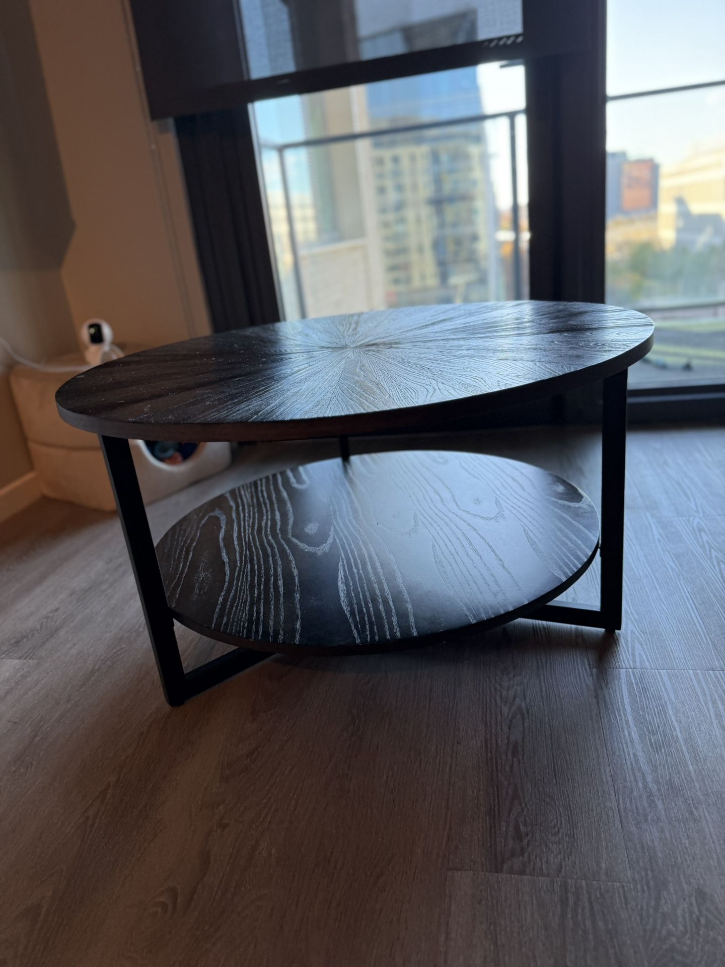 Modern Round Coffee Table – Black Metal Frame + Storage Shelf