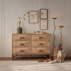 47.24" Light Wood 6-Drawer Dresser - Geometric Relief Chest of Drawers with