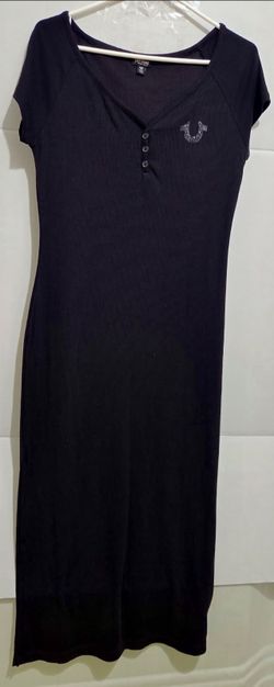 True Religion Women's Black Henley Rib Midi Short Sleeve Dress Size L