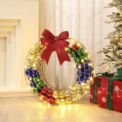 Luxenhome Lighted ornament wreath with red bow, 2 ft，HD2079
