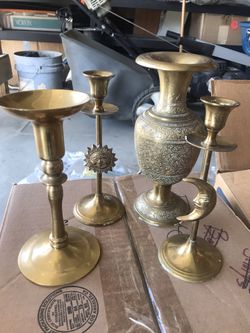 Brass candle holders & vase set