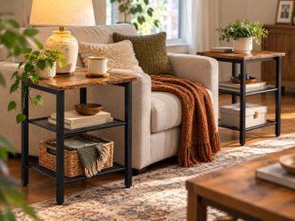 HOOBRO Set of 2 End Tables – Rustic Brown & Black, 3-Tier