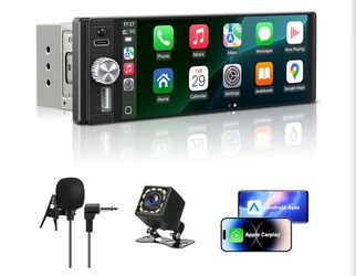 Single Din Radio Car Stereo with Apple CarPlay & Android Auto, 6.28 Inch HD Touch CarPlay Screen, Backup Cam,Bluetooth, MP5,USB Type-C, SWC, EQ, FM Ra