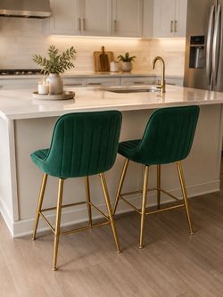 Green Velvet Counter Stools with Gold Legs – Set of 2