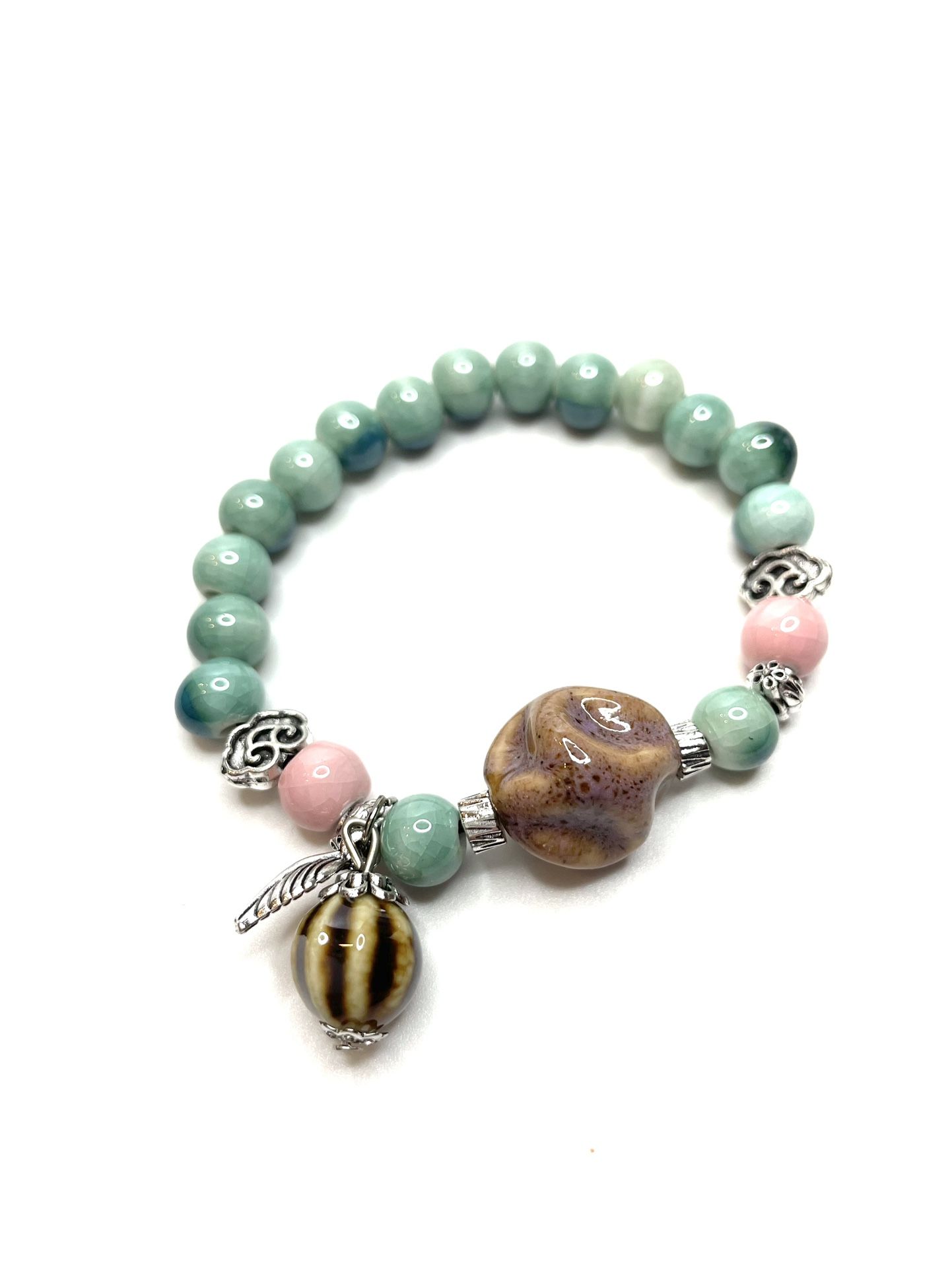 Rock on the Sea bracelet ceramic tan aqua blue silver leaf charm beaded