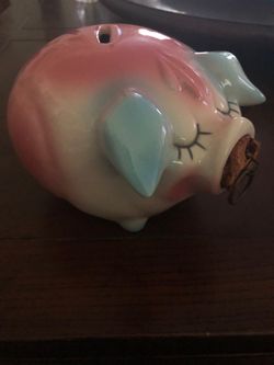 Vintage Corky Pig Piggy Bank Hull Pottery pink with Blue Ears 1957