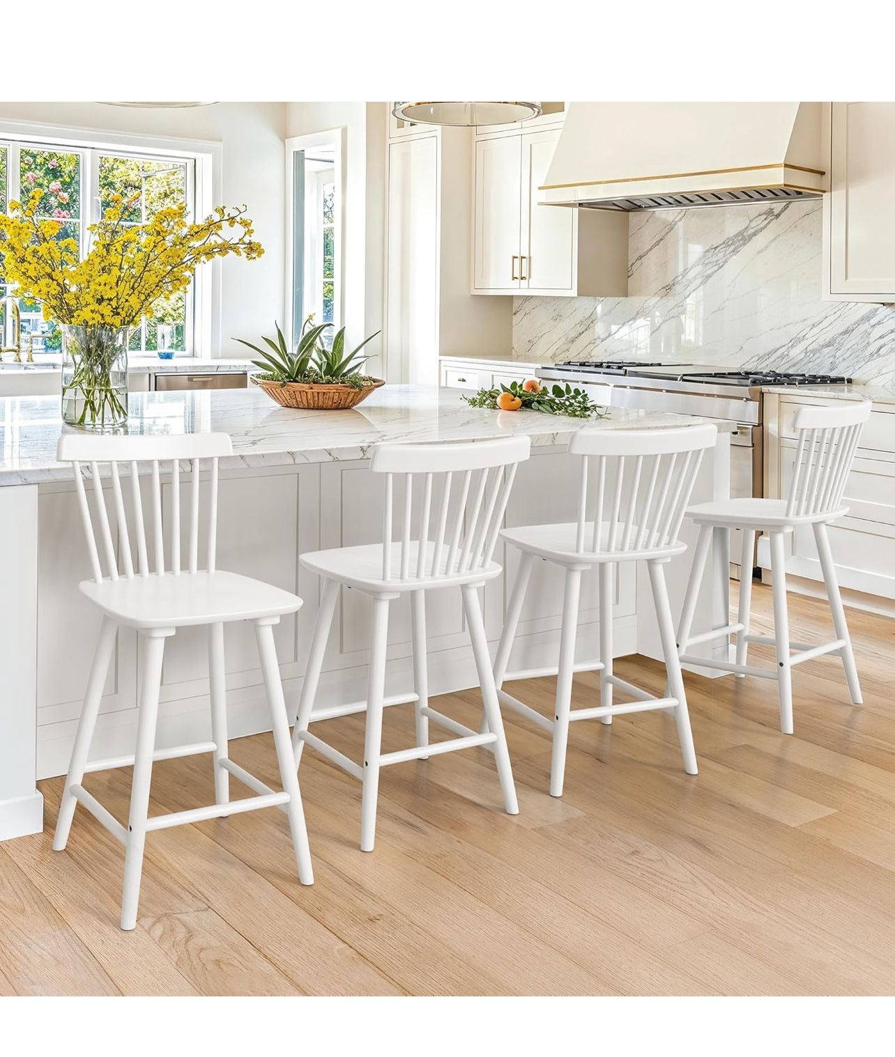 LUE BONA Upgraded Windsor Wooden White Bar Stools Set of 4, 24 Inch Counter Height Barstools with Spindle Back/Bigger Seat for Kitchen Island
