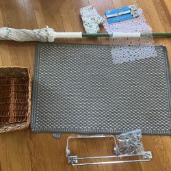 Lot of Miscellaneous Home Goods— Libman Mop, Rug, Basket, Towel Rack/ Shower Curtain Hooks, etc