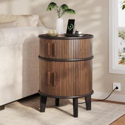 Round Walnut Nightstand w/ Charging Station(Shipping Damage)