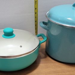 IMUSA 6.9 Quart Aluminum Ivory Ceramic Cauldron with Glass Lid and Soft Touch Handles, Teal &
Crofton 12 QT Light Blue Stock Pot 
