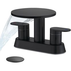 Bathroom Sink Faucet 3 Hole，Matte Black Waterfall Bathroom Faucet 4 Inch Centerset with Pop-Up Drain，2 Handles Stainless Steel faucets with Round Shel