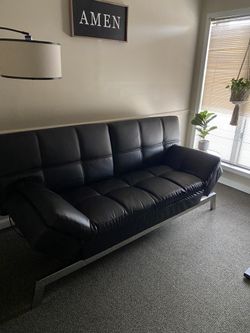 Black Leather Futon Sofa w/ Outlets