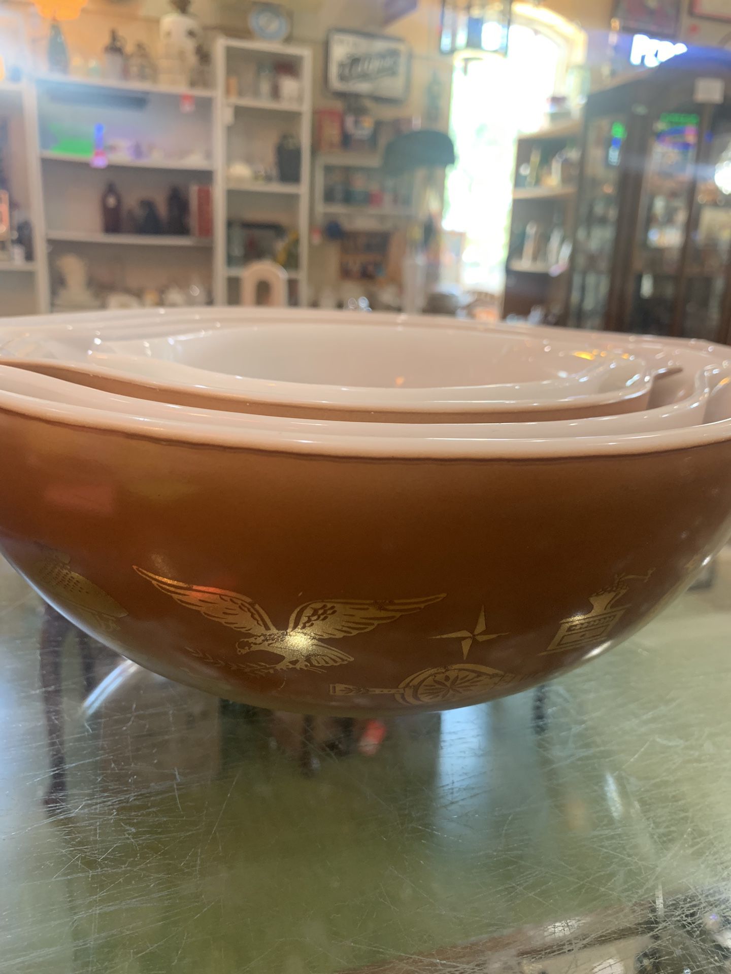 Set of 4 vintage PYREX early American heritage rooster eagle brown   Great shape!  105.00 Largest 13x10.5. Smallest 7.5x 6.  Johanna at Antiques and M