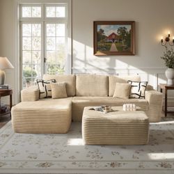 *Free Delivery* Boneless Corduroy Sectional Couch Sofa w/ Ottoman