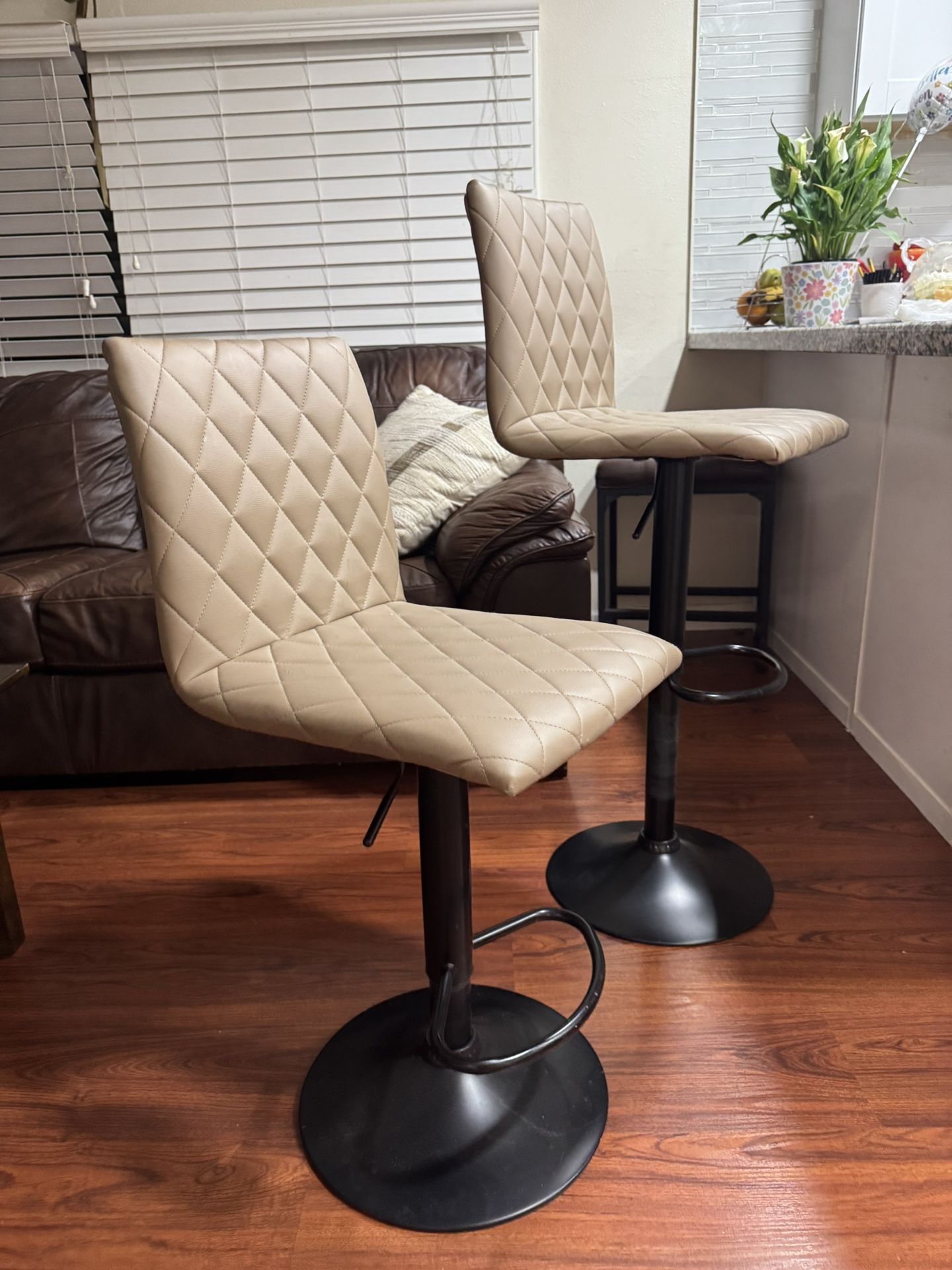 Pair of Modern Adjustable Bar Stools - Beige & Black