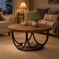 Round Wood Coffee Table with Metal Base