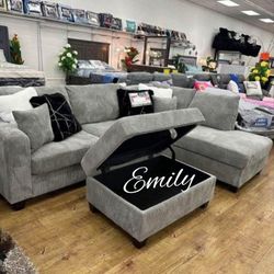 Beautiful 3-Pc Light Gray Corduroy Sectional Sofa Set 