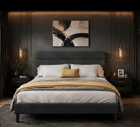 Brand New Queen Upholstered Platform Bed Frame – No Box Spring Needed – Gray