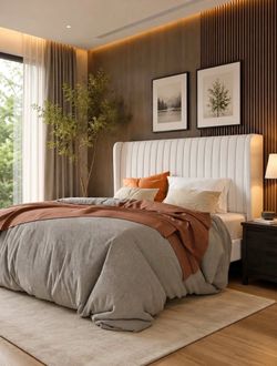 Full Size Bed Frame, Velvet Bed Frame, Wingback Headboard, Upholstered Platform Bed, White