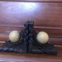 Incredibly Cool Vintage Spanish Gothic Wood Bookends with Miniature Old World Globes: