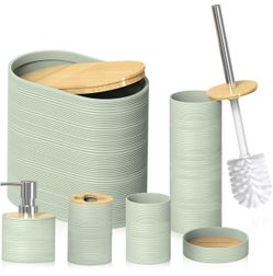 Bathroom Accessory Set, 6-Pcs Green Trash Can, Soap Dispenser, Toothbrush Holder & Cup, Soap Dish, Toilet Brush