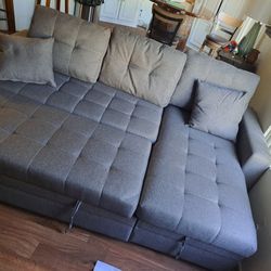 GRAY Linen Sectional Sofa W/storage Chaise And Pullout Bed