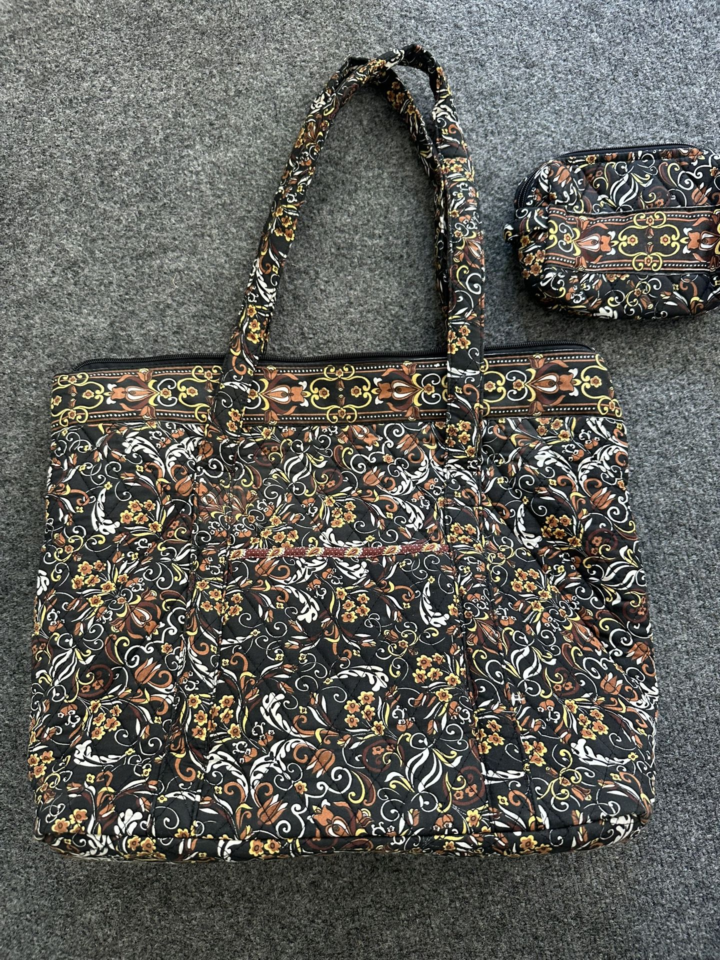 Vera Bradley Large Zipper Tote w/Matching Change Purse Brown/Black/White/Yellow. Excellent Condition-Smoke Free/Pet Free Home