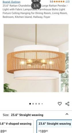 25.6" Rattan Chandelier, 6-Light Large Rattan Pendant Light with Fabric Lampshade, Farmhouse Boho Light Fixture Ceiling Hanging for Dining Room, Livin