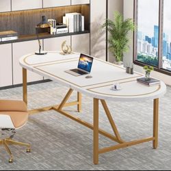 70.8 Inch Modern Executive Desk, Gold and White Office Desk Writing Study Table, Computer Desk Small Conference Table for Home Office