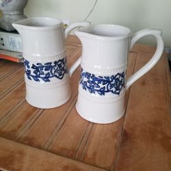 Blue white  Stoneware Mini Pitcher Farmhouse  Vase Iroronstone 