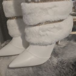 White Embellished Booties With Faux Fur