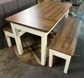 new assembled F1991X 55" Dining Table Set, 3 Pieces Wood Kitchen Table with 2 Benches